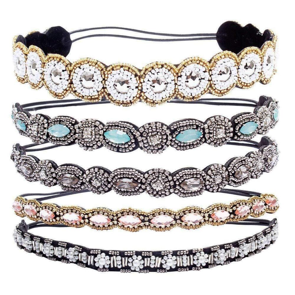 Rhinestone Beaded Elastic Headband - 5 Pcs Fashionable Style Crystal Beaded Hair